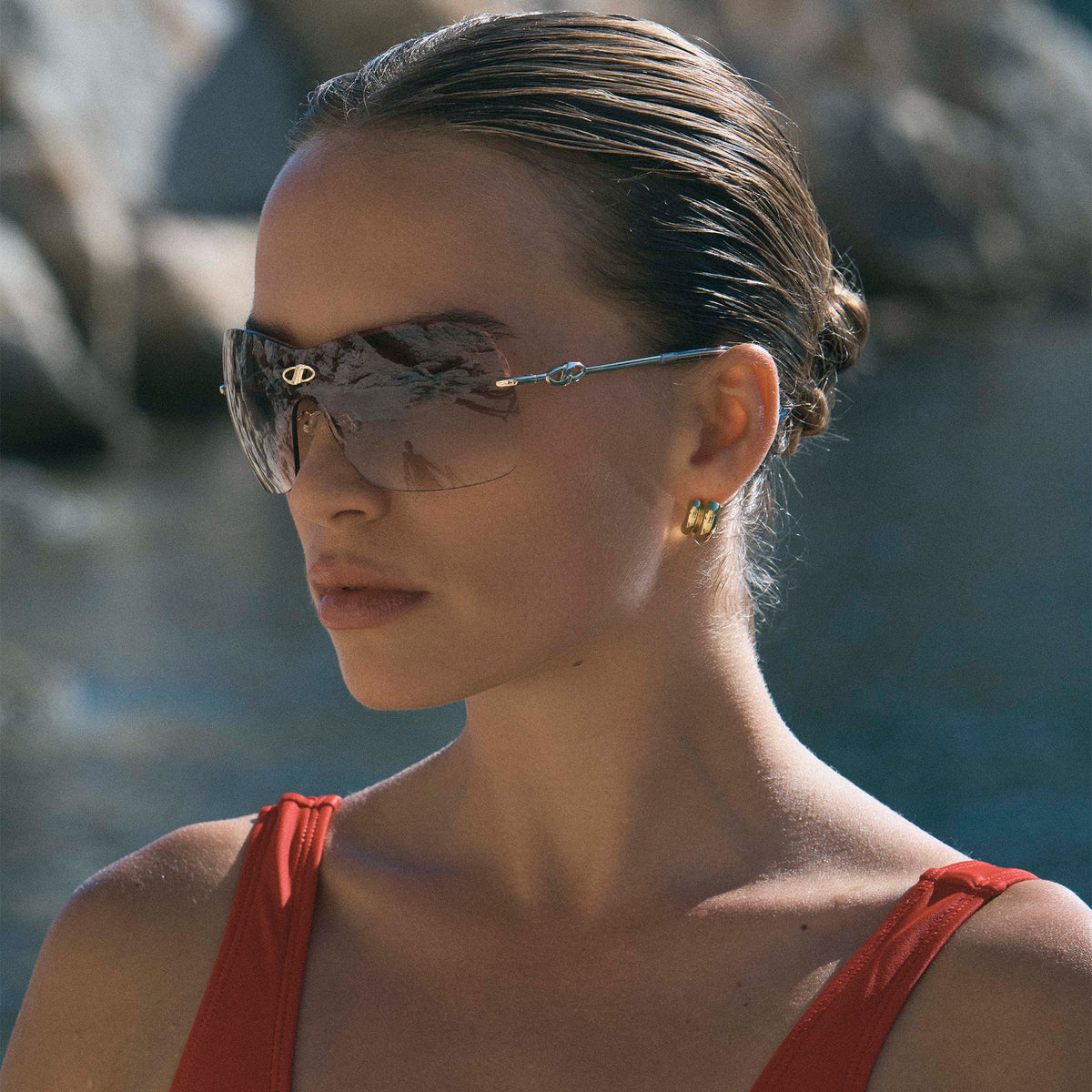 Parallel Universe Gold Female Shield Sunglasses | Le Specs